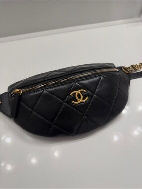 Authentic CHANEL Black Quilted Lambskin Mini Waist Bag with Gold CC